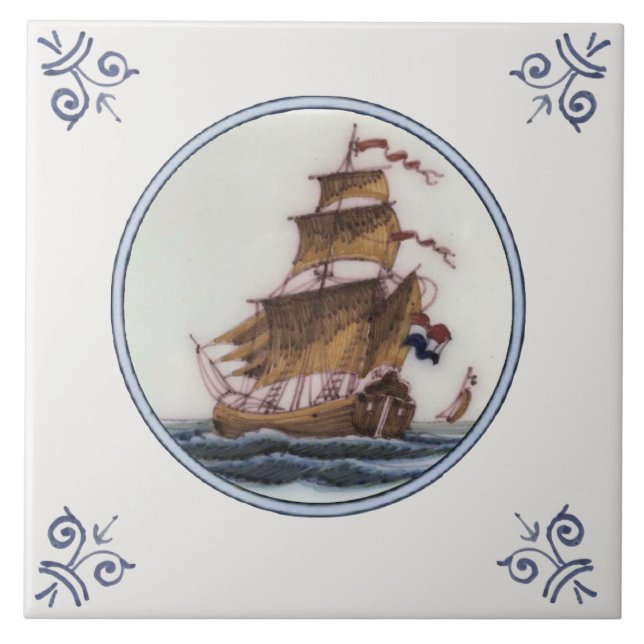 Clipper Ship Polychrome Delft Repro Antique Tile (Front)