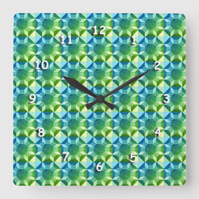 Clock - Blue and Green Quilt Pattern White Numbers (Front)