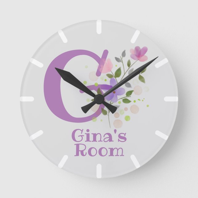 Clock in a Floral Design with Name Gina & Initial (Front)