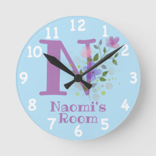 Clock in a Floral Design with Name & Initial