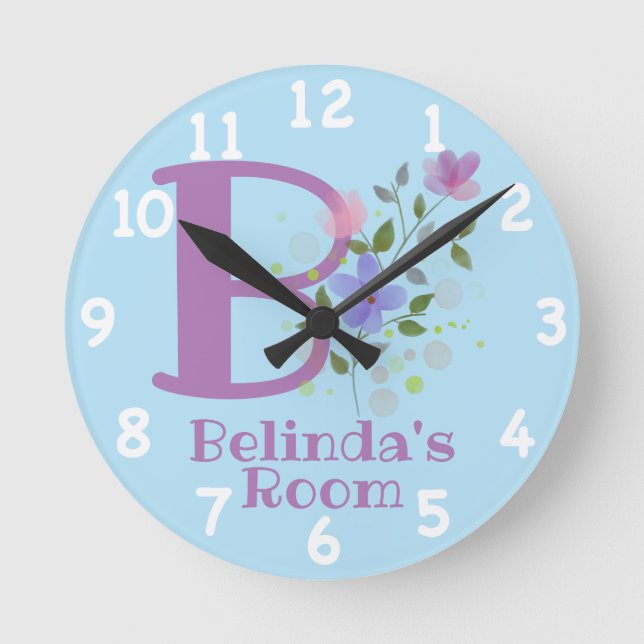 Clock in Floral Design with Name Belinda & Initial (Front)