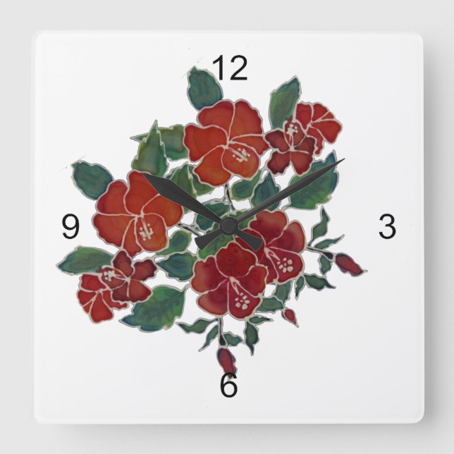 Clock - Red Tropical Flowers (Front)