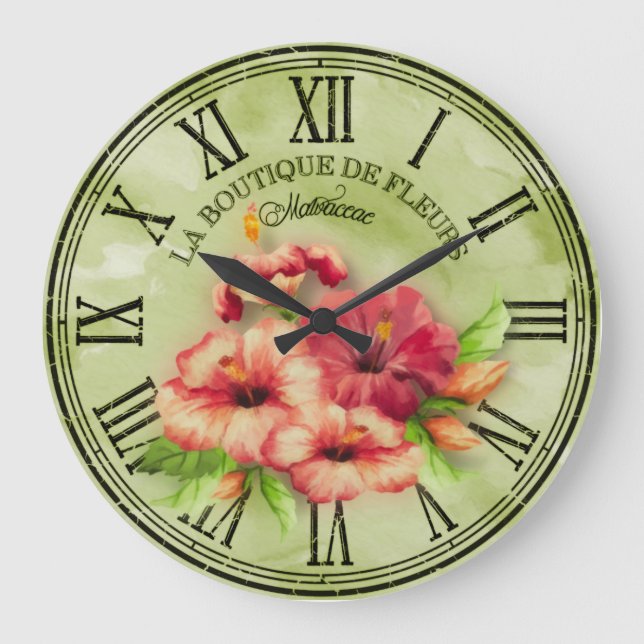 Clock Round Vintage Look “Hibiscus” Var01 (Front)