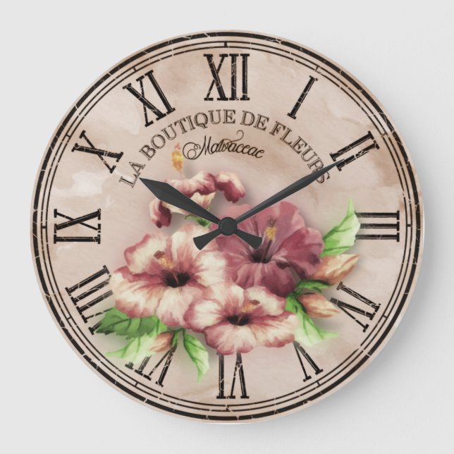 Clock Round Vintage Look “Hibiscus” Var02 (Front)
