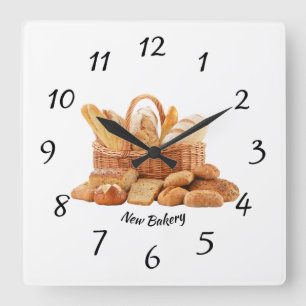 clock, square, bakery, bread, pane square wall clock