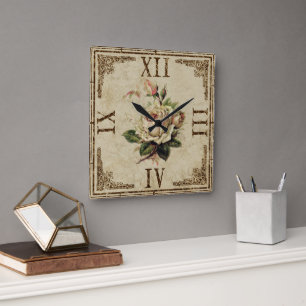 Clock Square Vintage Shabby Look  “Rose” natur