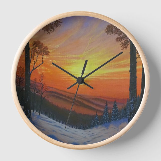 Clock - "Sunset Over Snowy Forest" (Front)