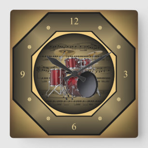 Clock-tagon ~ Drum Set  ~ Sheet Music ~ Tuscan ~ Square Wall Clock