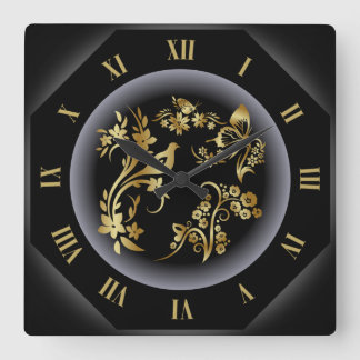 Clock-tagon ~ Golden Bird ~ Butterflies ~ Flowers Square Wall Clock