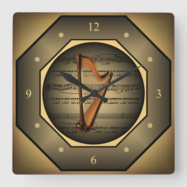 Clock-tagon ~ Harp ~ Sheet Music ~  Square Wall Clock (Front)