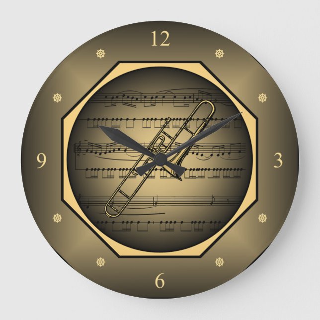 Clock-tagon ~ Trombone ~ Sheet Music ~ Tuscan ~   Large Clock (Front)