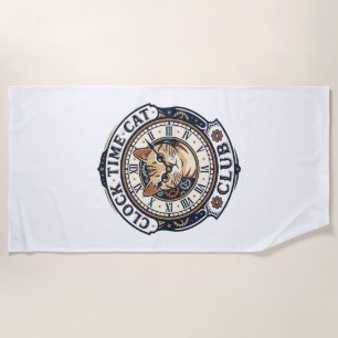 Clock Time Cat Cat Graphic Tee Art - Clock Time Ca Beach Towel