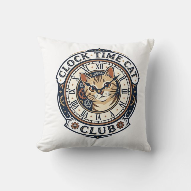 Clock Time Cat Cat Graphic Tee Art - Clock Time Ca Cushion (Front)