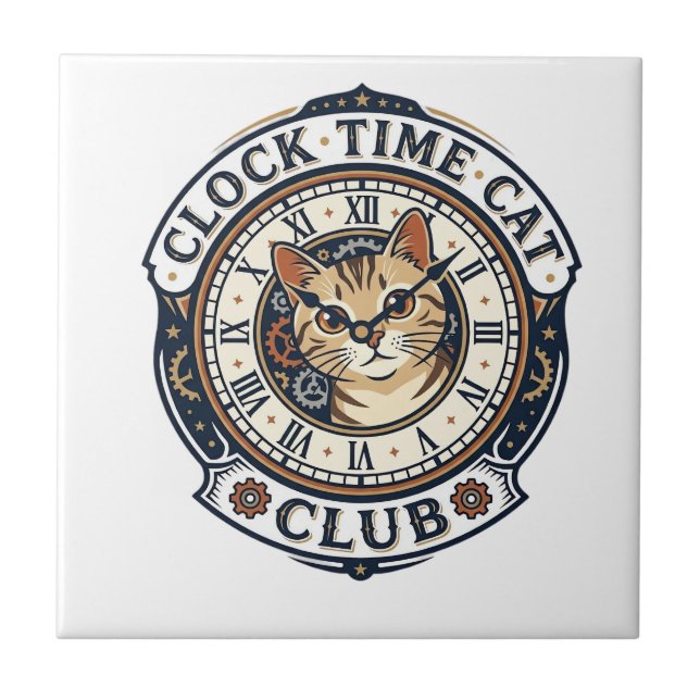 Clock Time Cat Cat Graphic Tee Art - Clock Time Ca Tile (Front)