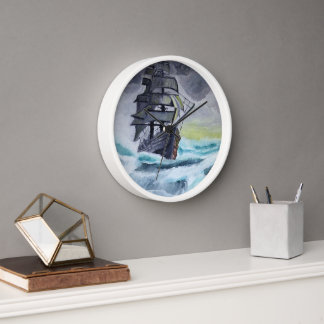 Clock with a ship. Ship on a stormy sea