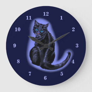 Clock with Blue Eyed Black Cat In The Dark Night