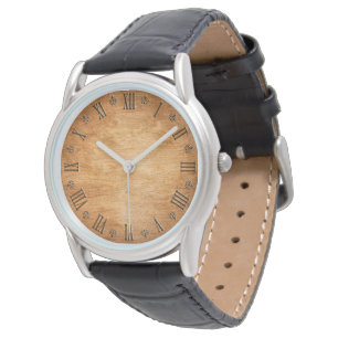 Clock with Roman numerals and wooden background Watch