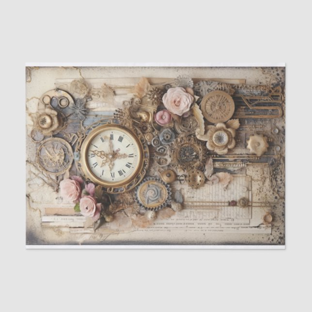 Clocks, Gears, Flowers and Ephemera Tissue Paper (Front)