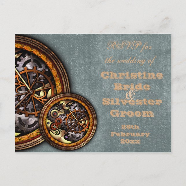 Clockwork and Leather, wedding RSVP Invitation Postcard (Front)