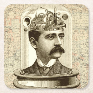 Clockwork Brain STEAMPUNK vintage Square Paper Coaster