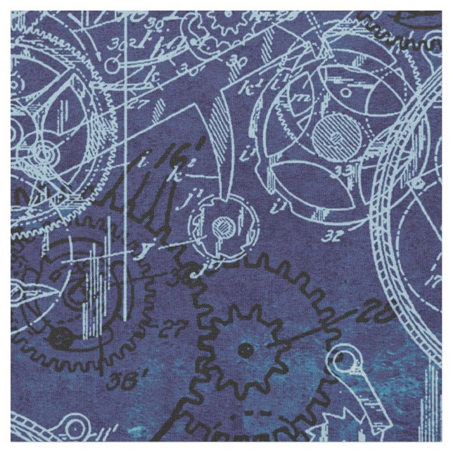 Clockwork Collage Indigo Fabric (Close Up)