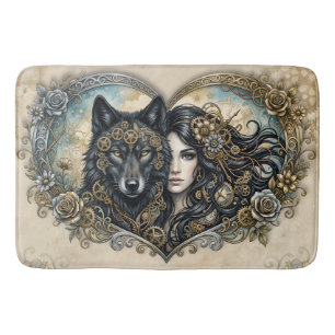 Clockwork Hearts The Eternal Bond of Wolf and Soul Bath Mat