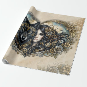 Clockwork Hearts The Eternal Bond of Wolf and Soul Wrapping Paper