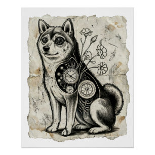 Clockwork Shiba – Gothic Overthinking Dog Art Poster