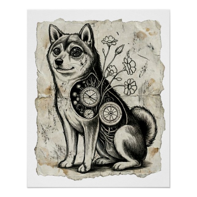 Clockwork Shiba – Gothic Overthinking Dog Art Poster (Front)