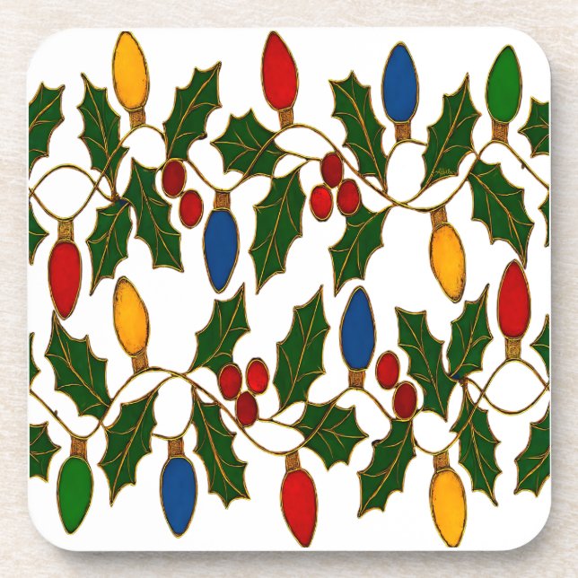 Cloisonne Art Christmas Lights and Holly Coaster (Front)