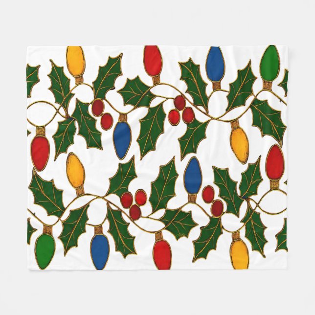 Cloisonne Art Christmas Lights and Holly Fleece Blanket (Front (Horizontal))