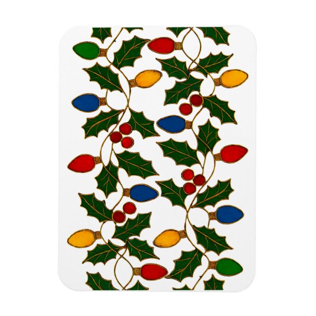 Cloisonne Art Christmas Lights and Holly Magnet (Vertical)