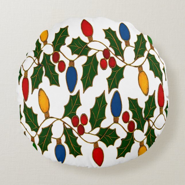 Cloisonne Art Christmas Lights and Holly Round Cushion (Front)
