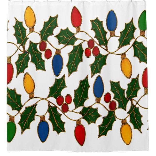 Cloisonne Art Christmas Lights and Holly Shower Curtain (Front)