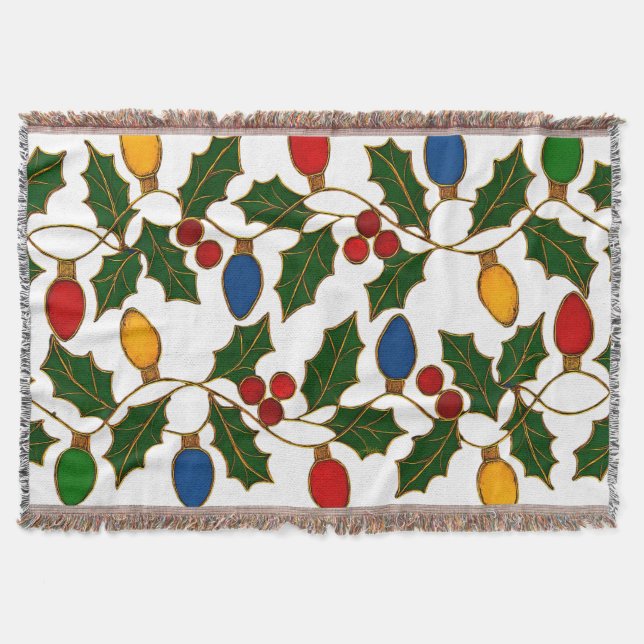 Cloisonne Art Christmas Lights and Holly Throw Blanket (Front)