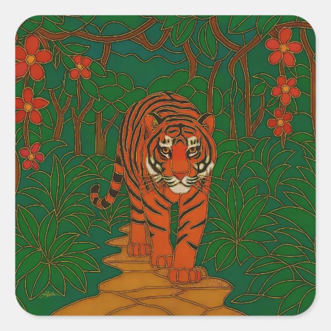 Cloisonne Art Tiger on the Jungle Path Square Sticker (Front)