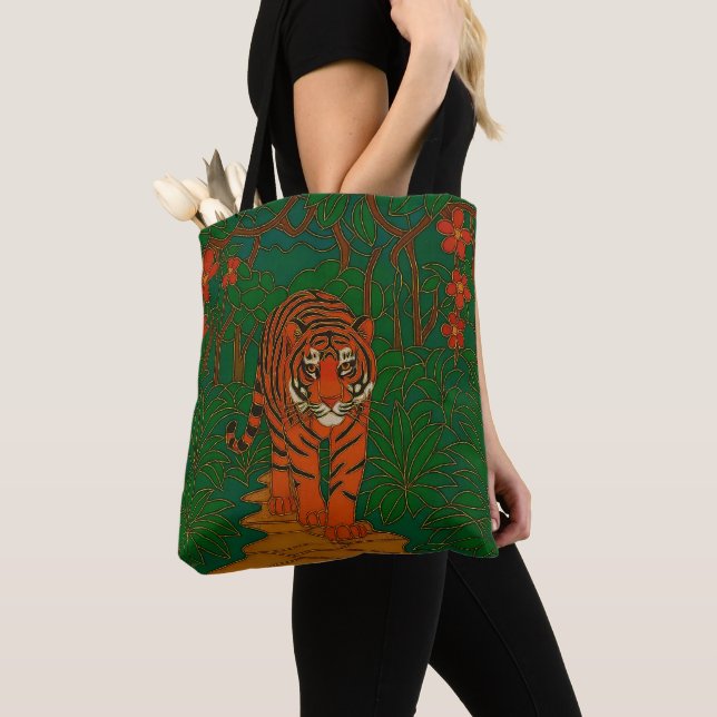 Cloisonne Art Tiger on the Jungle Path Tote Bag (Close Up)