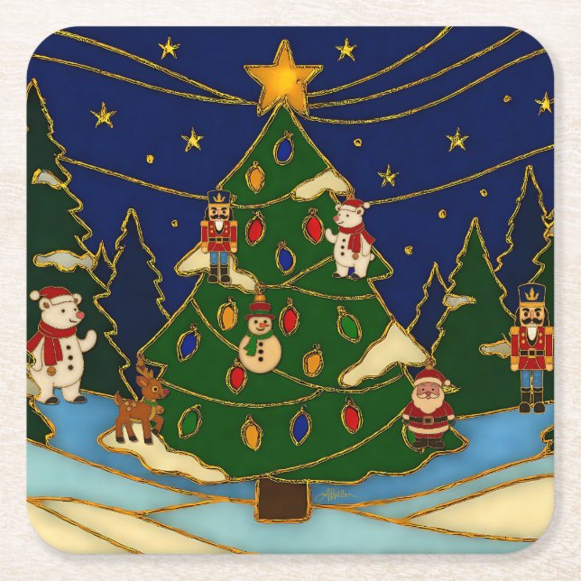 Cloisonne Art Whimsical Forest Classic Christmas  Square Paper Coaster (Front)