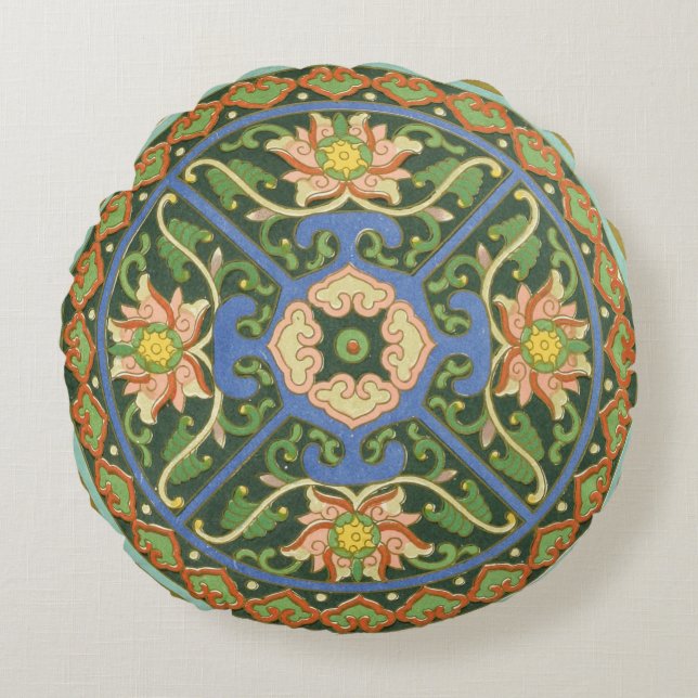 Cloisonne China Patter Asian Oriental Round Cushion (Front)