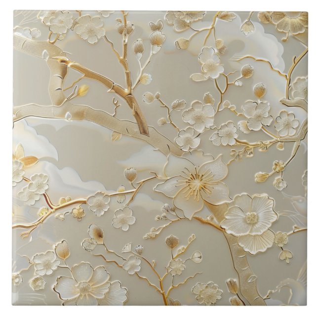 Cloisonne cream gold floral pattern tile (Front)