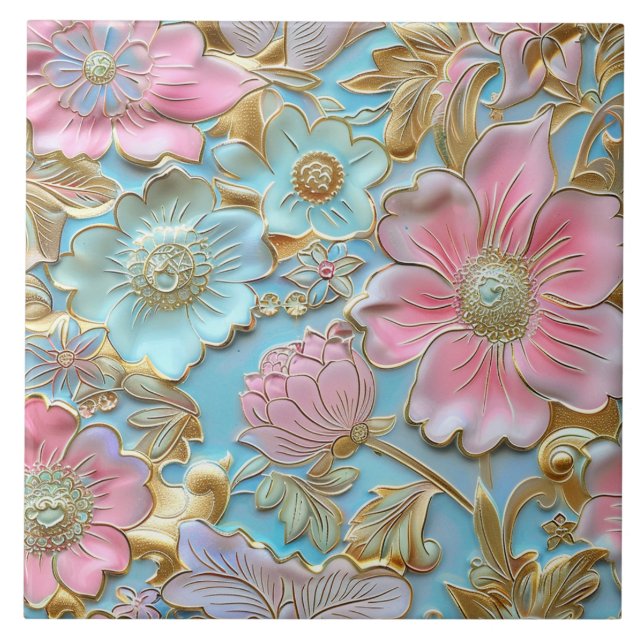 Cloisonne light blue floral pattern tile (Front)