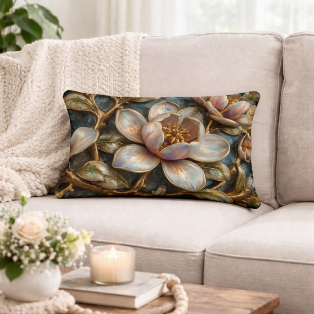Cloisonné Magnolia Floral Blue Gold Quatrefoil  Decorative Cushion (Creator Uploaded)