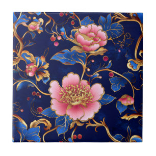 Cloisonne pink blue floral pattern tile