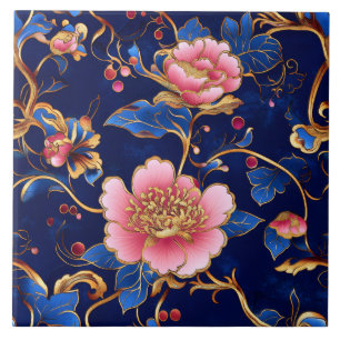 Cloisonne pink blue floral pattern tile