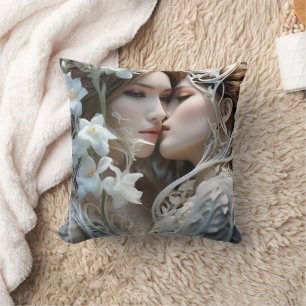 Close Embrace of Two Women Among Flowers Cushion