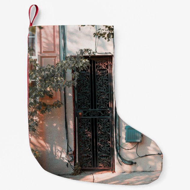 CLOSE GREEN WROUGHT IRON SECURITY DOOR SMALL CHRISTMAS STOCKING (Front)