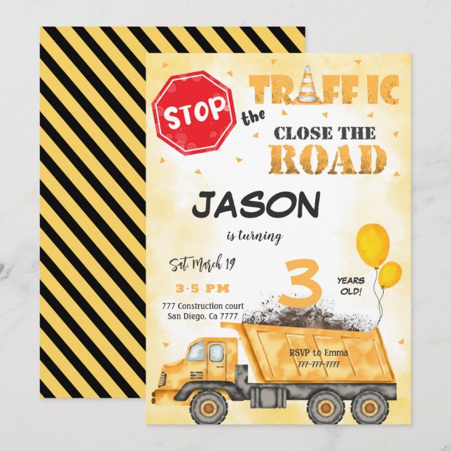 Close the Road Construction Birthday Invitation (Front/Back)