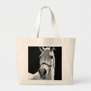 Close-up Black White Horse in Night Large Tote Bag