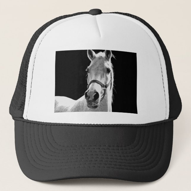 Close-up Black White Horse in Night Trucker Hat (Front)