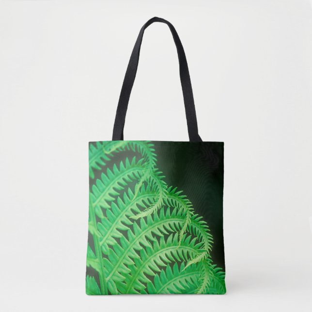 Close up green fern on black tote bag (Front)